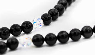 black tourmaline and swarovski bead necklace close up